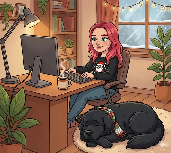 Katharyne working at her desk with Zippy